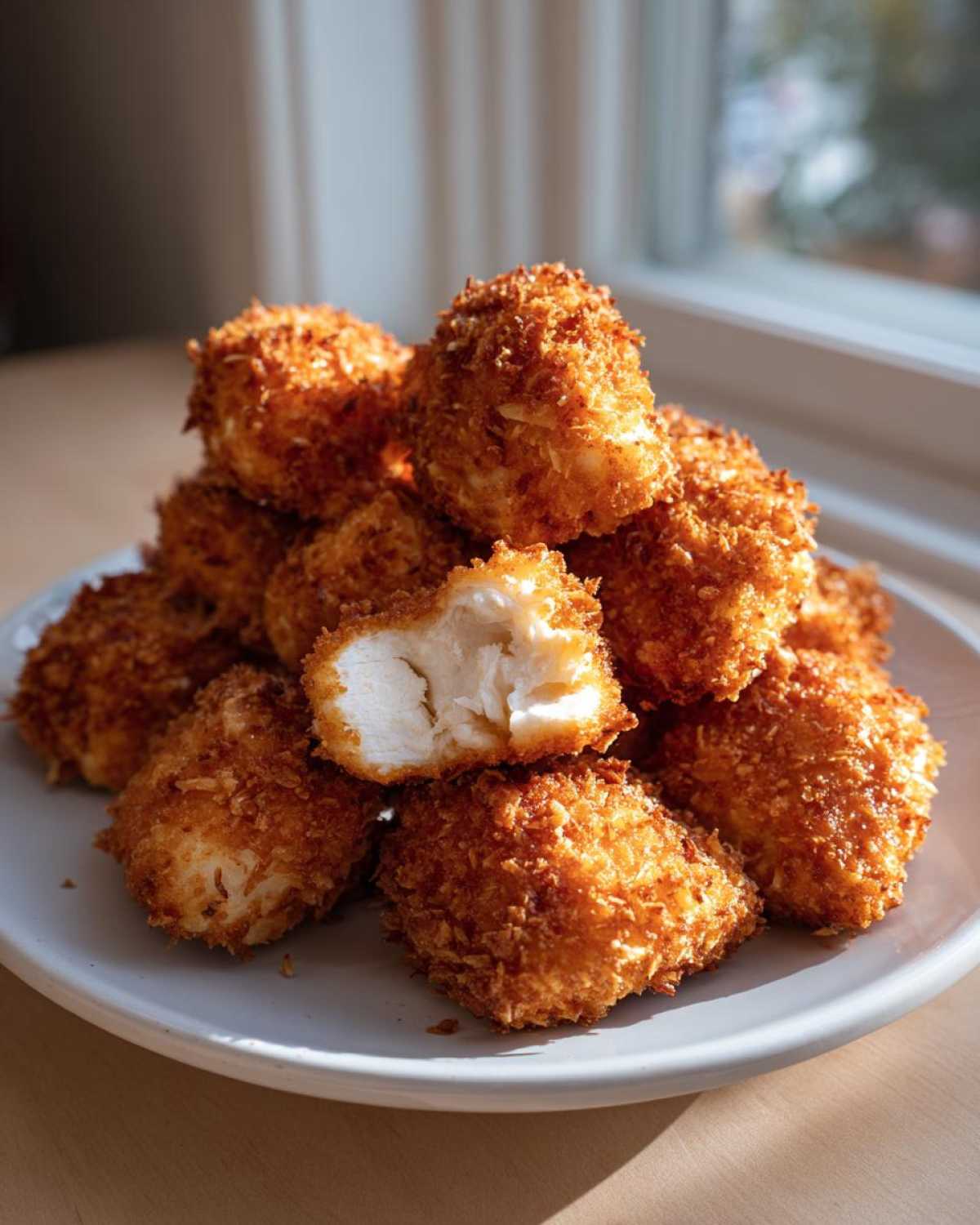A stack of golden brown Air Fryer Crispy Coconut Chicken Bites on a light gray plate, one piece is broken open showing white chicken meat.