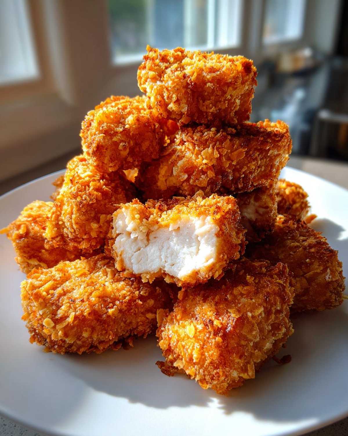 A stack of golden brown Air Fryer Crispy Coconut Chicken Bites, one piece broken open showing the white chicken interior.