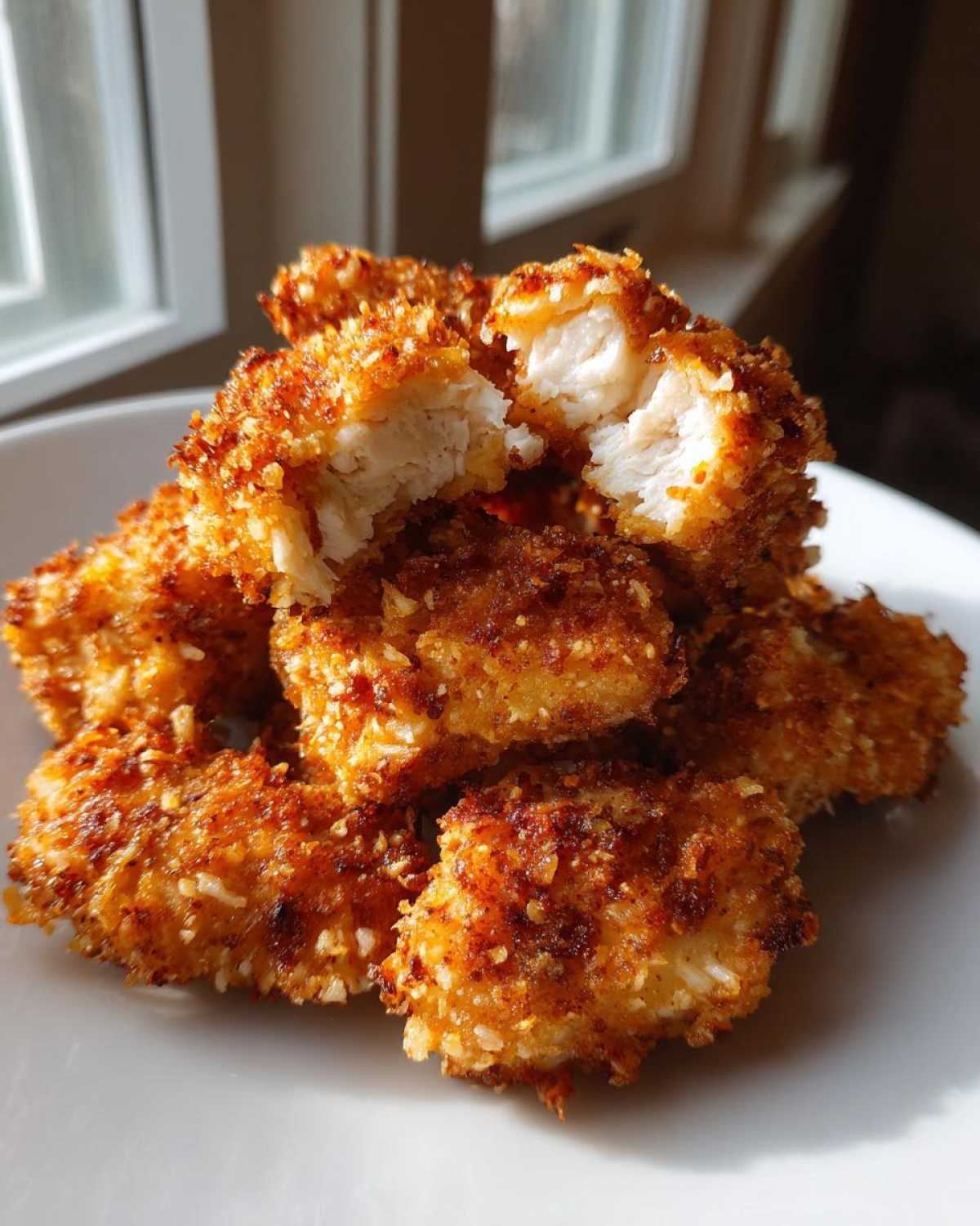 A close-up stack of golden brown Air Fryer Crispy Coconut Chicken Bites, one piece broken open showing the white chicken inside.