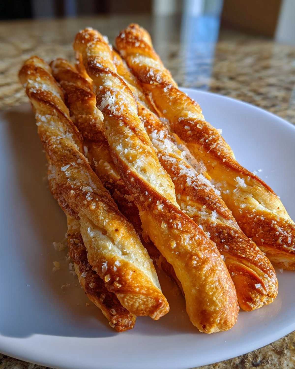 Close-up of several golden brown Air Fryer Crispy Garlic Breadsticks sprinkled with Parmesan cheese on a white plate.