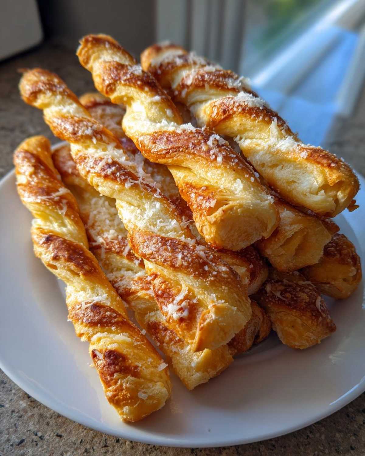 A pile of golden, twisted Air Fryer Crispy Garlic Breadsticks topped with grated Parmesan cheese on a white plate.