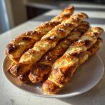A stack of golden brown, twisted Air Fryer Crispy Garlic Breadsticks sprinkled with coarse salt on a white plate.