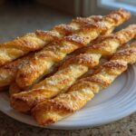 A stack of golden, twisted Air Fryer Crispy Garlic Breadsticks topped with grated cheese, resting on a white plate.