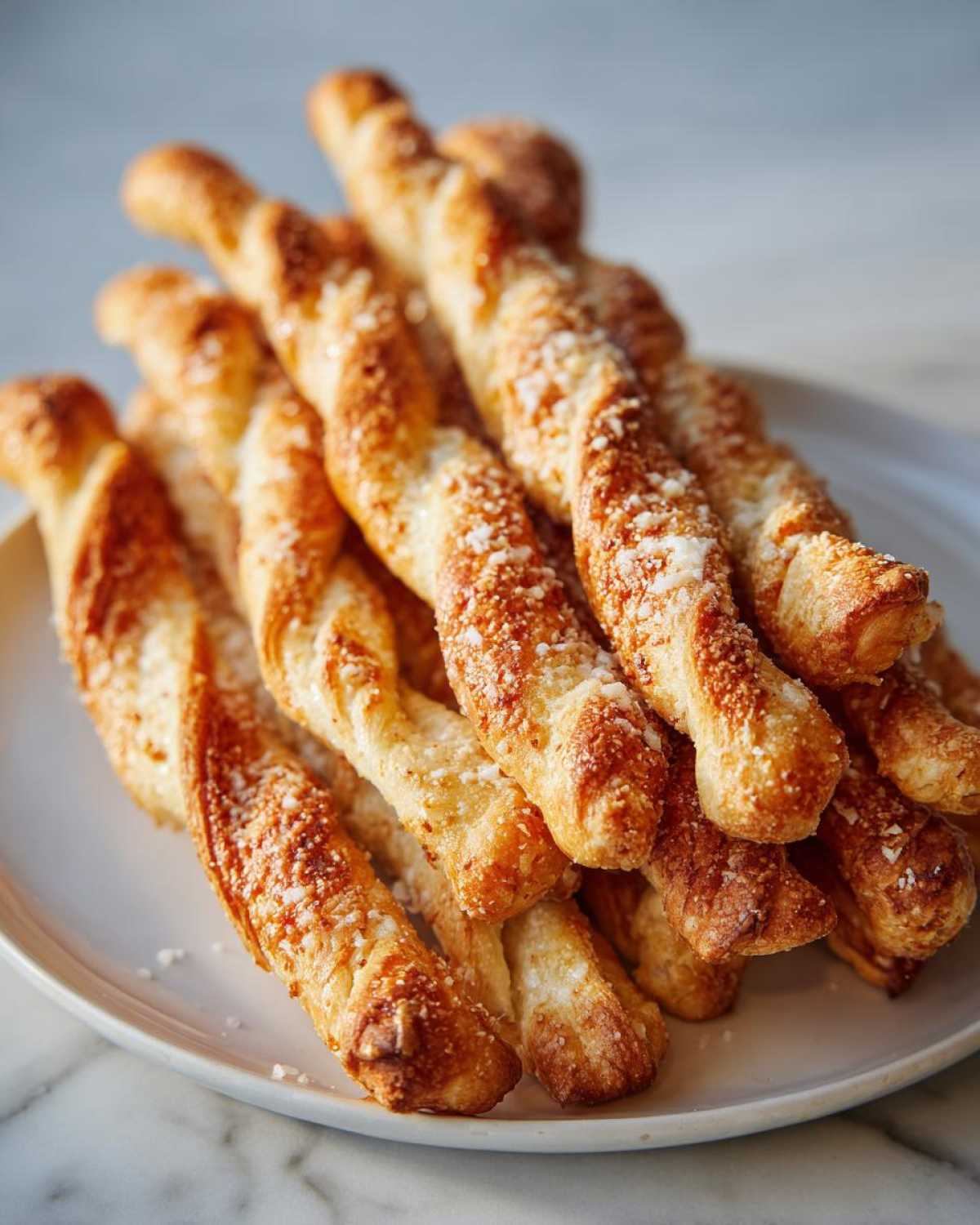 A stack of golden brown, twisted Air Fryer Crispy Garlic Breadsticks sprinkled with Parmesan cheese on a white plate.