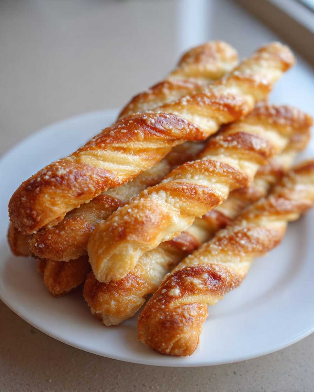 A stack of golden brown, twisted Air Fryer Crispy Garlic Breadsticks sprinkled with cheese, resting on a white plate.