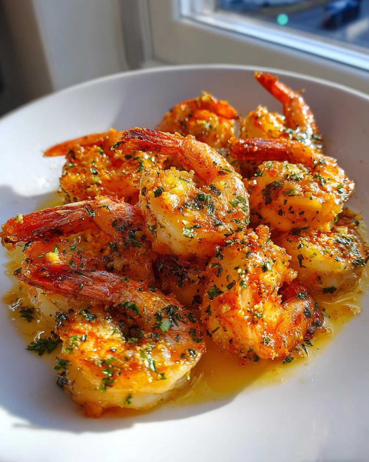 Close-up of perfectly cooked Air Fryer Crispy Garlic Butter Shrimp glistening in butter sauce and topped with parsley.
