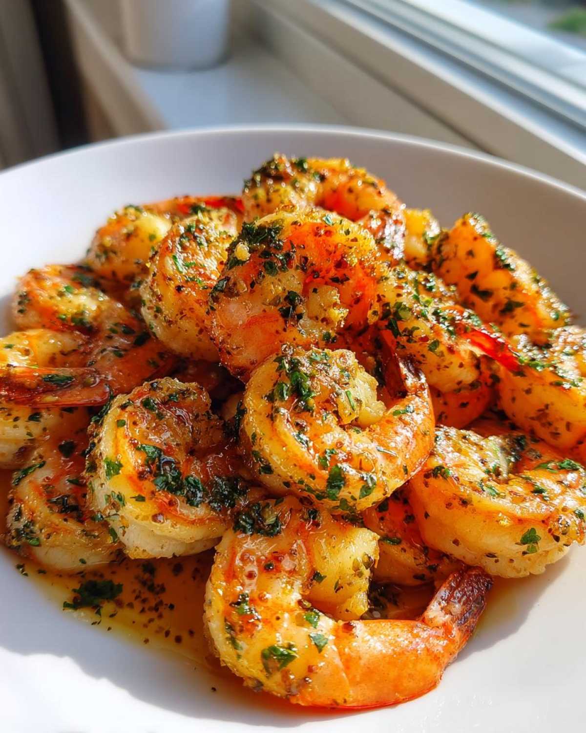 Close-up of plump Air Fryer Crispy Garlic Butter Shrimp coated in sauce and fresh parsley, served in a white bowl.