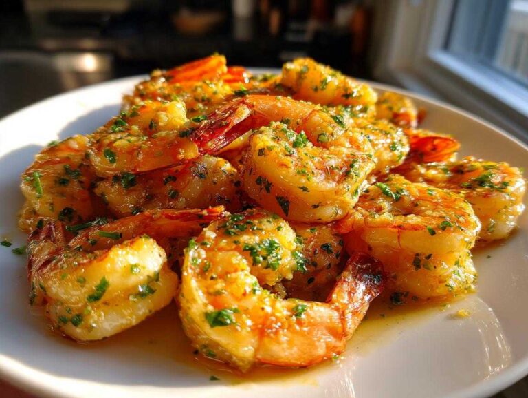 A close-up of juicy Air Fryer Crispy Garlic Butter Shrimp coated in melted butter and fresh parsley, served on a white plate.