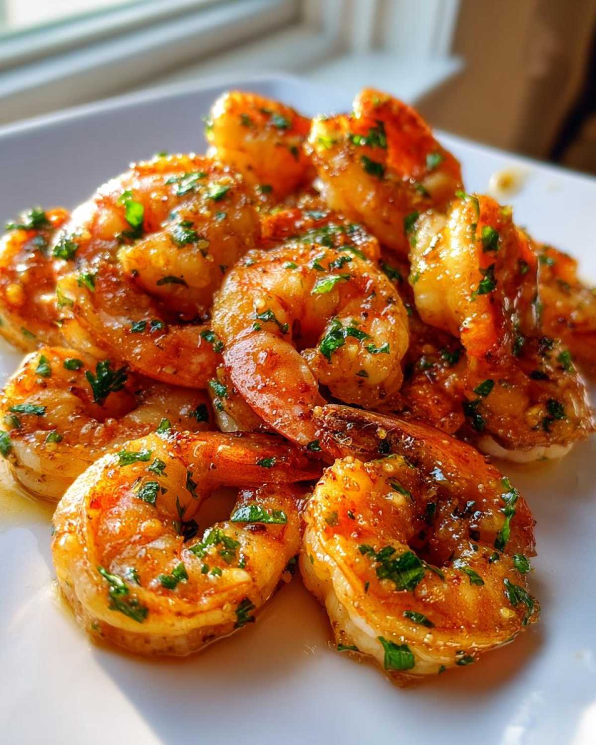 Close-up of juicy Air Fryer Crispy Garlic Butter Shrimp coated in sauce and fresh parsley on a white plate.