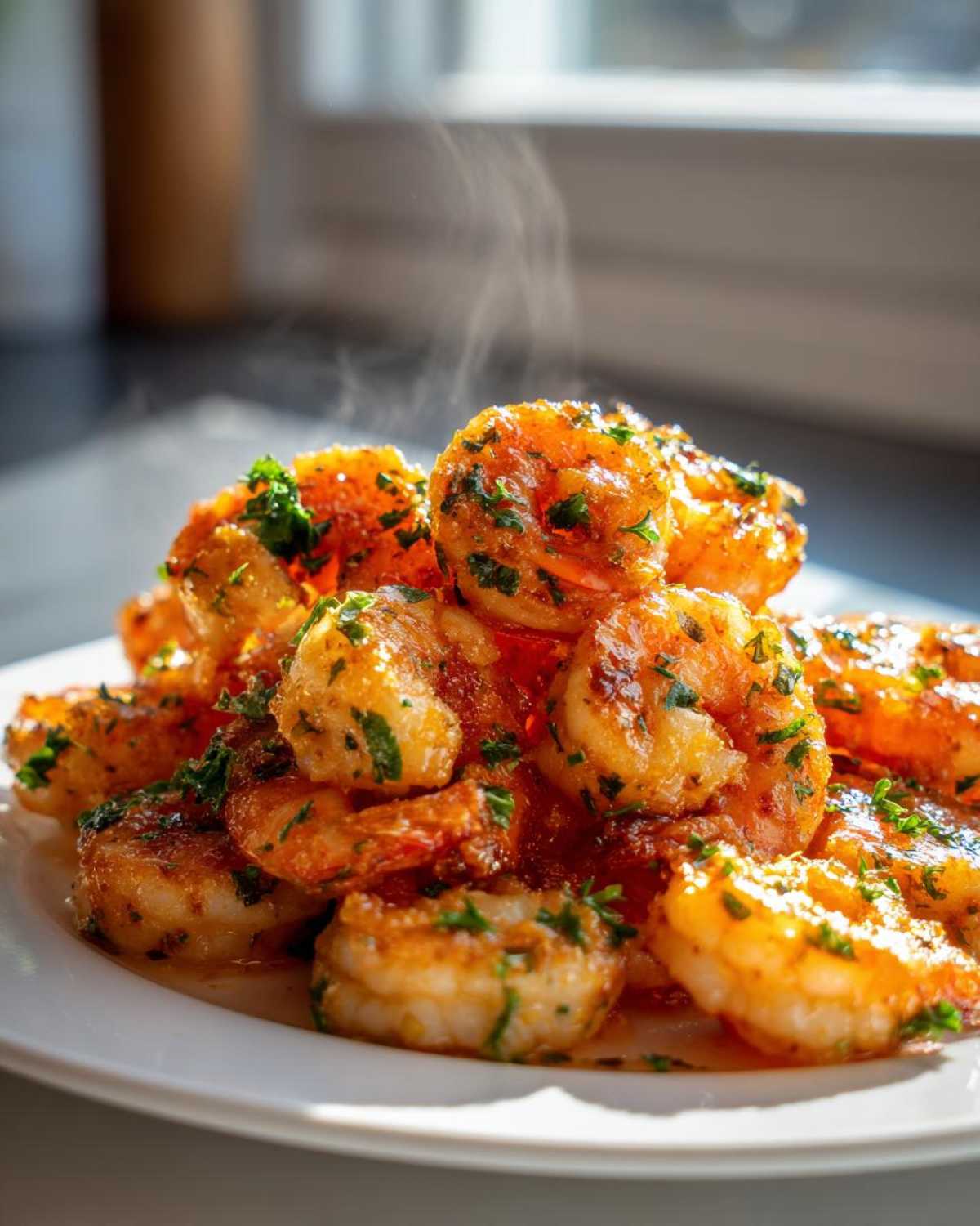 A close-up of hot, steaming Air Fryer Crispy Garlic Butter Shrimp piled high on a white plate, garnished with parsley.