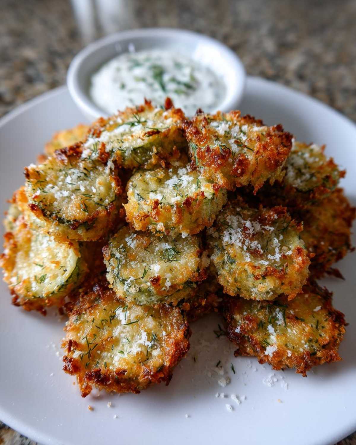A pile of golden brown Air Fryer Crispy Garlic Dill Pickles sprinkled with cheese and dill, served with a dipping sauce.
