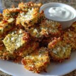 A pile of golden brown Air Fryer Crispy Garlic Dill Pickles topped with Parmesan cheese, served with a side of white dipping sauce.