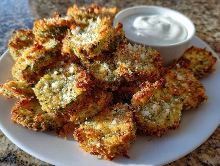 A pile of golden brown Air Fryer Crispy Garlic Dill Pickles topped with Parmesan cheese, served with a side of white dipping sauce.