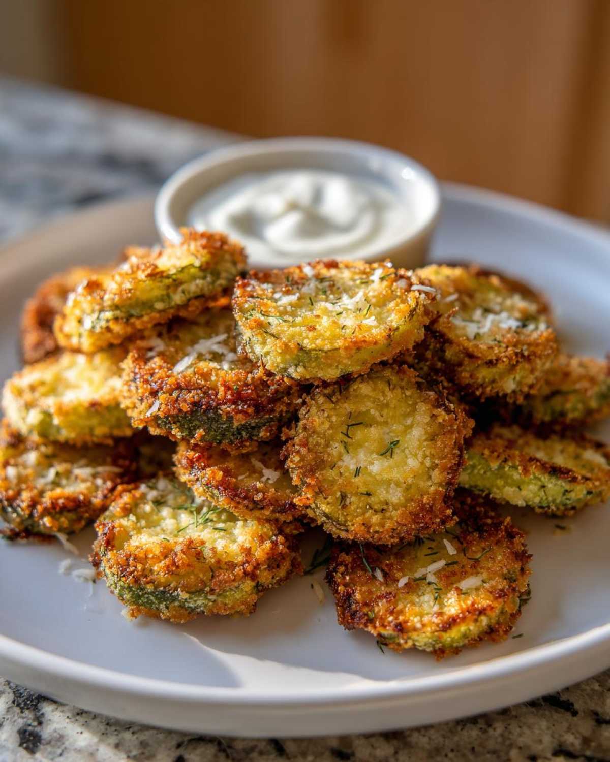 A stack of golden brown Air Fryer Crispy Garlic Dill Pickles served with a side of white dipping sauce.