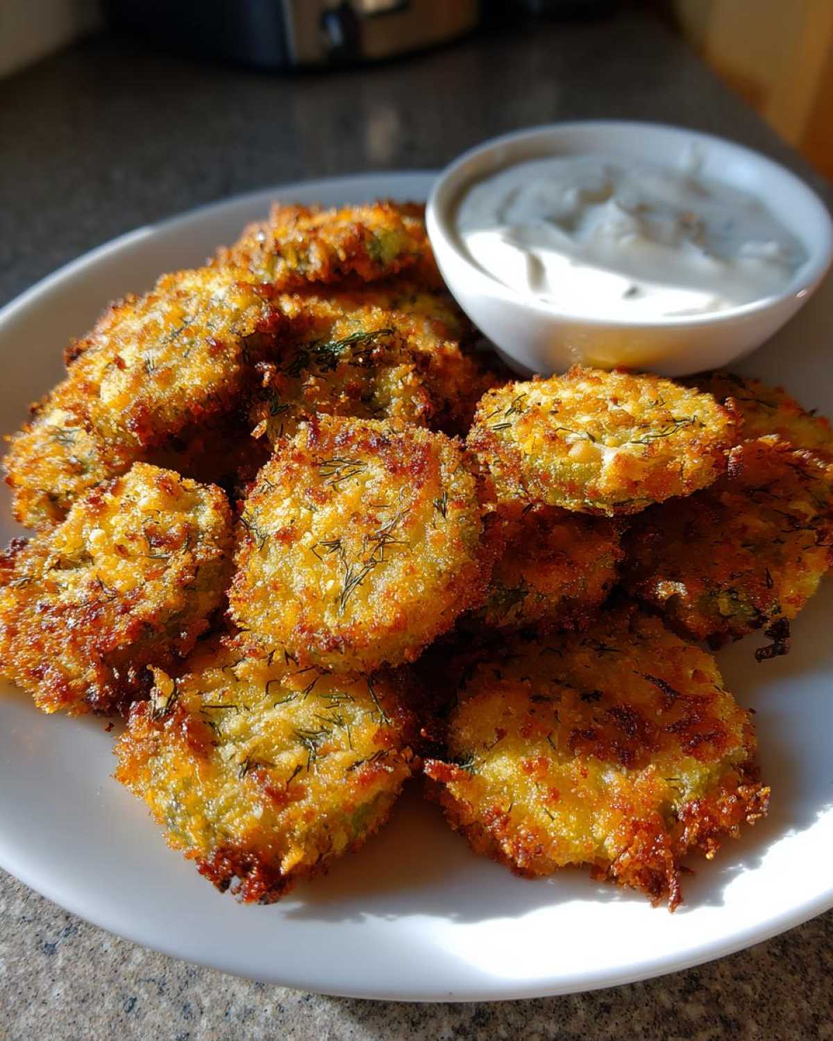 A plate piled high with golden brown Air Fryer Crispy Garlic Dill Pickles served with a small bowl of white dipping sauce.