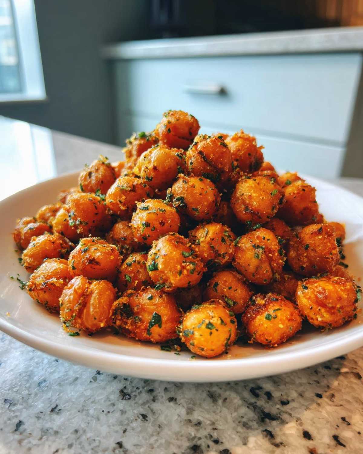 A white bowl overflowing with golden brown Air Fryer Crispy Garlic Herb Chickpeas seasoned with visible green herbs.