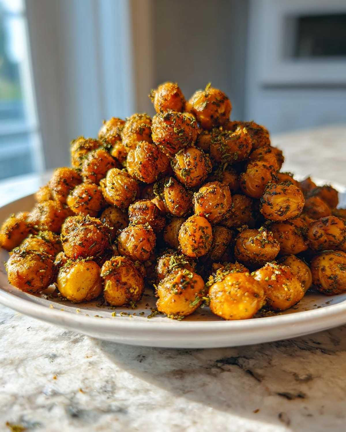 A mound of golden brown, crispy Air Fryer Crispy Garlic Herb Chickpeas seasoned with dried herbs.