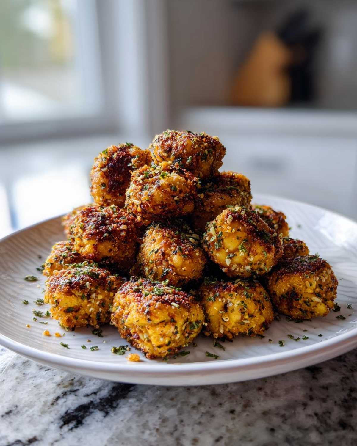 A mound of golden brown Air Fryer Crispy Garlic Herb Chickpeas seasoned with herbs on a white plate.