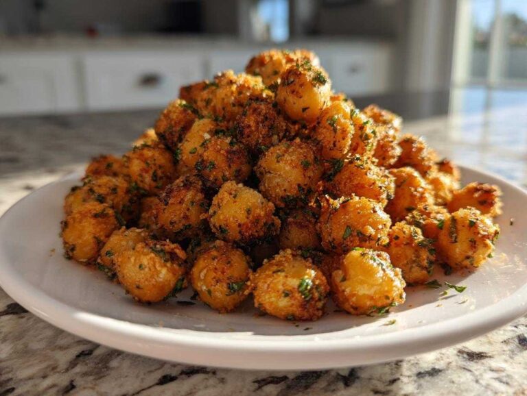 A mound of golden brown Air Fryer Crispy Garlic Herb Chickpeas seasoned with visible green herbs on a white plate.