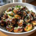 A close-up of Air Fryer Crispy Garlic Parmesan Mushrooms piled high in a white bowl, topped with grated cheese and fresh parsley.
