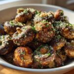 A bowl filled with Air Fryer Crispy Garlic Parmesan Mushrooms, topped with grated cheese and fresh parsley.