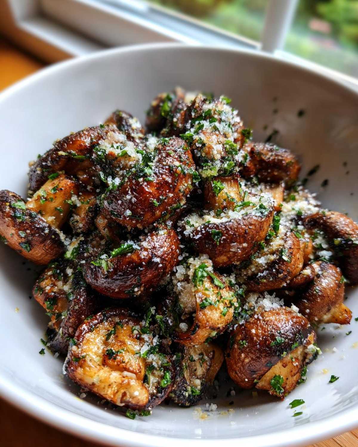 A white bowl filled with Air Fryer Crispy Garlic Parmesan Mushrooms, topped generously with grated cheese and fresh parsley.