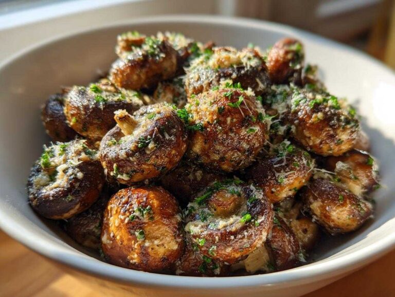 A bowl filled with Air Fryer Crispy Garlic Parmesan Mushrooms, topped with grated cheese and fresh parsley.