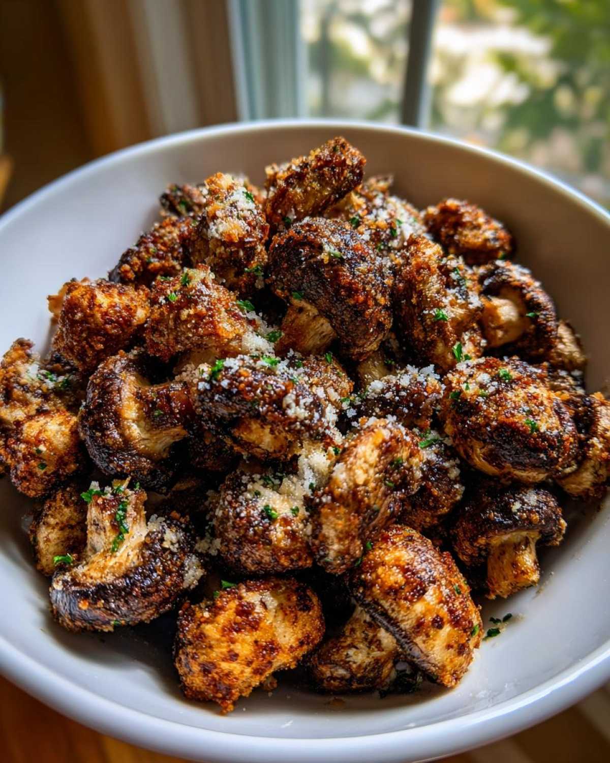 Close-up of a white bowl filled with Air Fryer Crispy Garlic Parmesan Mushrooms, topped with grated cheese and parsley.