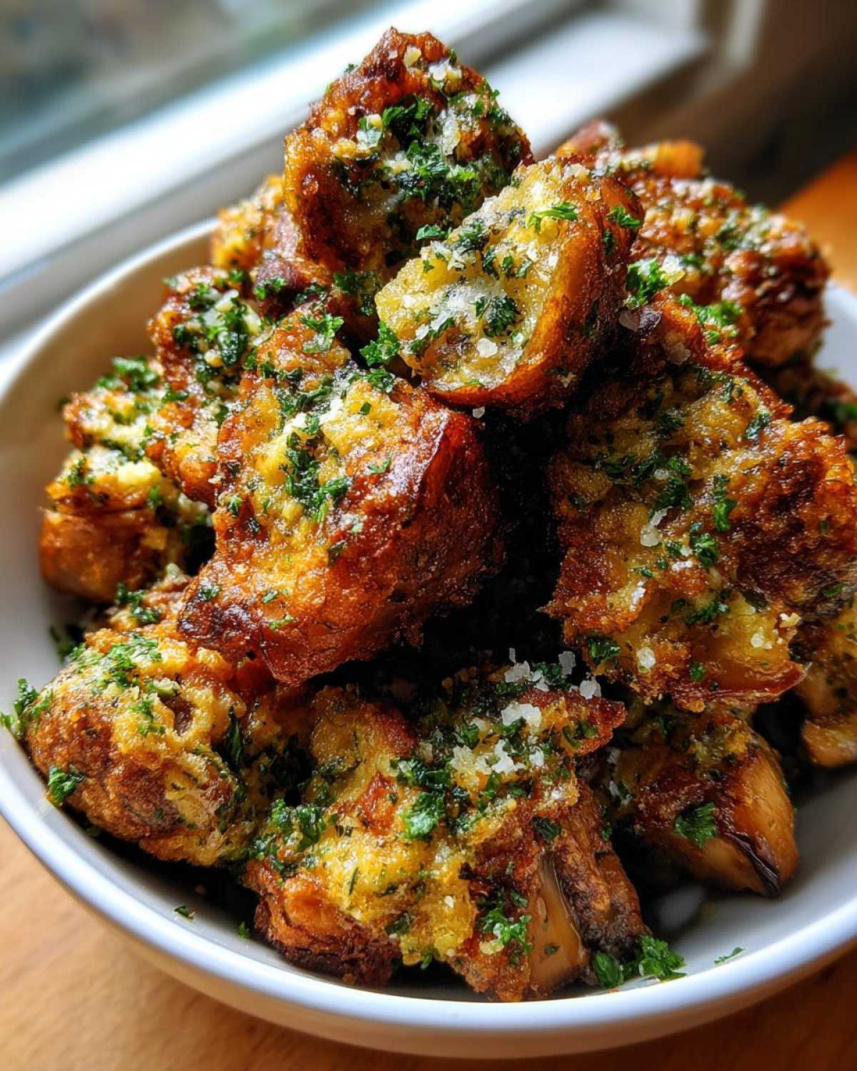 A close-up of golden brown Air Fryer Crispy Garlic Parmesan Mushrooms piled high in a white bowl, topped with fresh parsley.