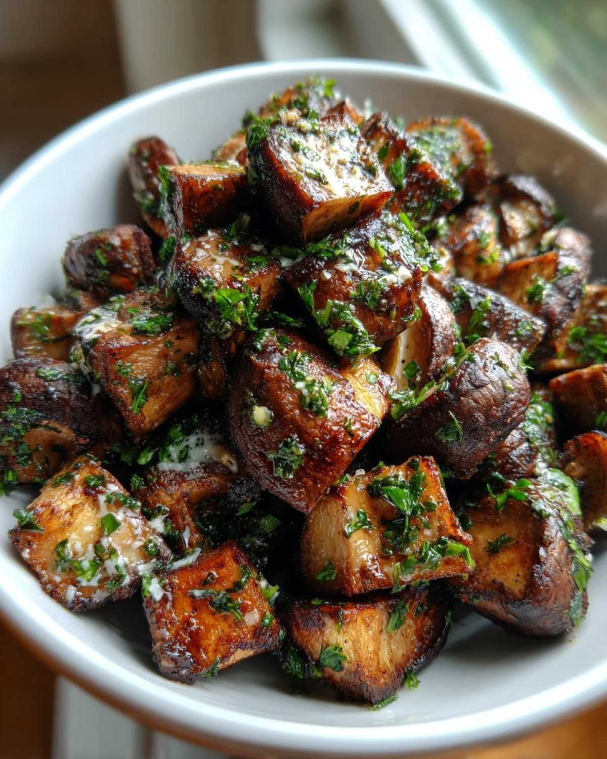 Close-up of crispy Air Fryer Crispy Garlic Parmesan Mushrooms tossed with melted butter and fresh parsley in a white bowl.