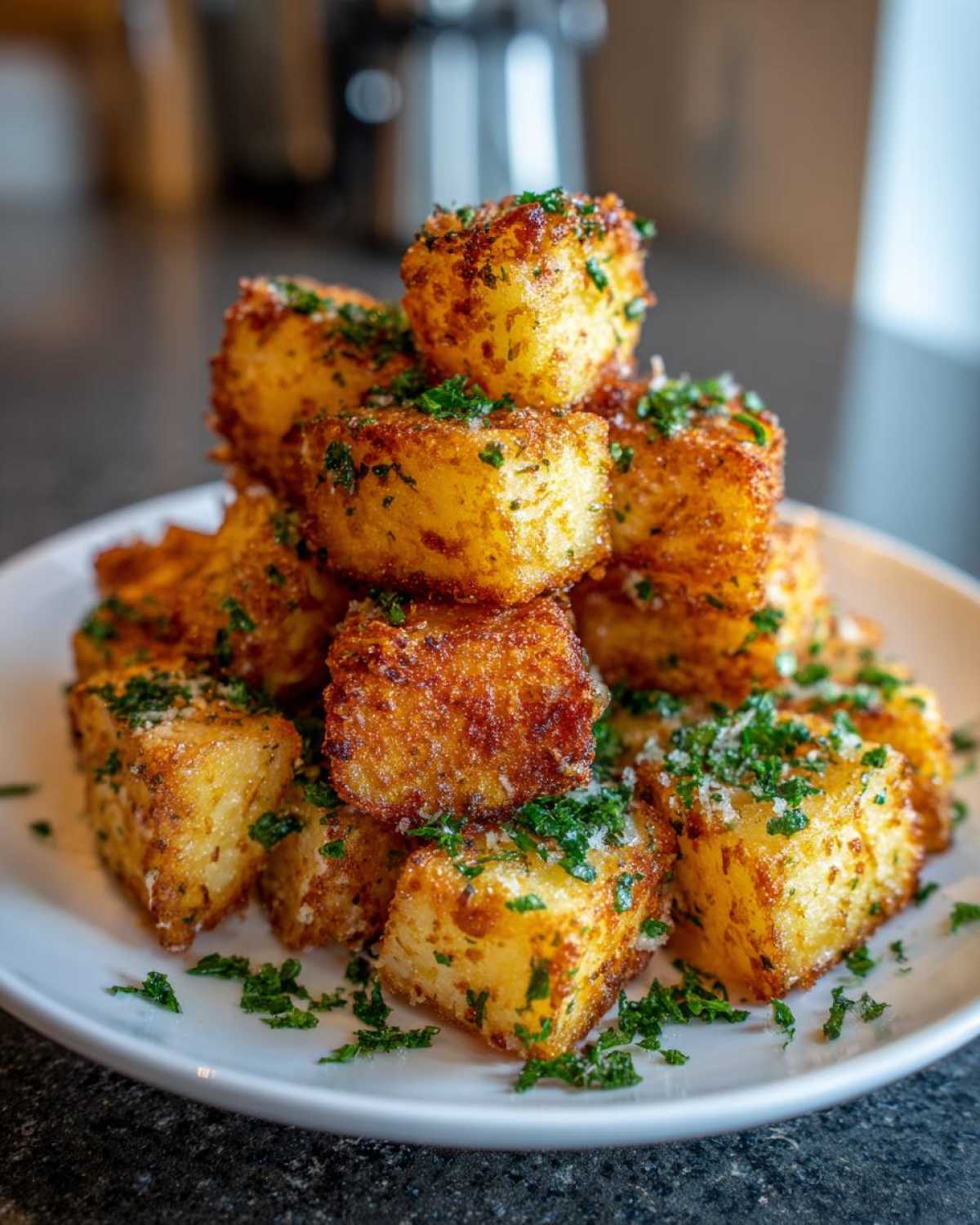 A stack of golden brown Air Fryer Crispy Garlic Parmesan Potato Cubes, garnished with fresh parsley and grated cheese.