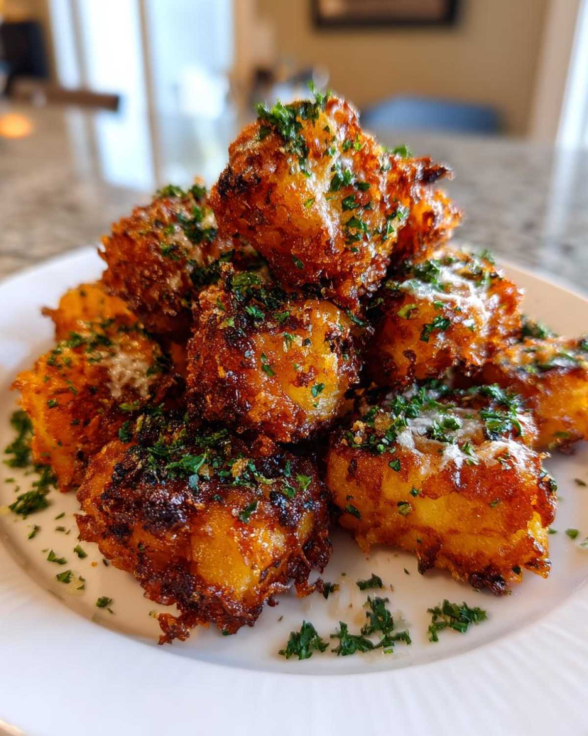A pile of golden brown, crispy Air Fryer Crispy Garlic Parmesan Potato Cubes topped with fresh parsley.