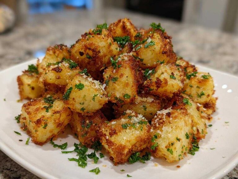 A mound of golden brown Air Fryer Crispy Garlic Parmesan Potato Cubes garnished with parsley and cheese.
