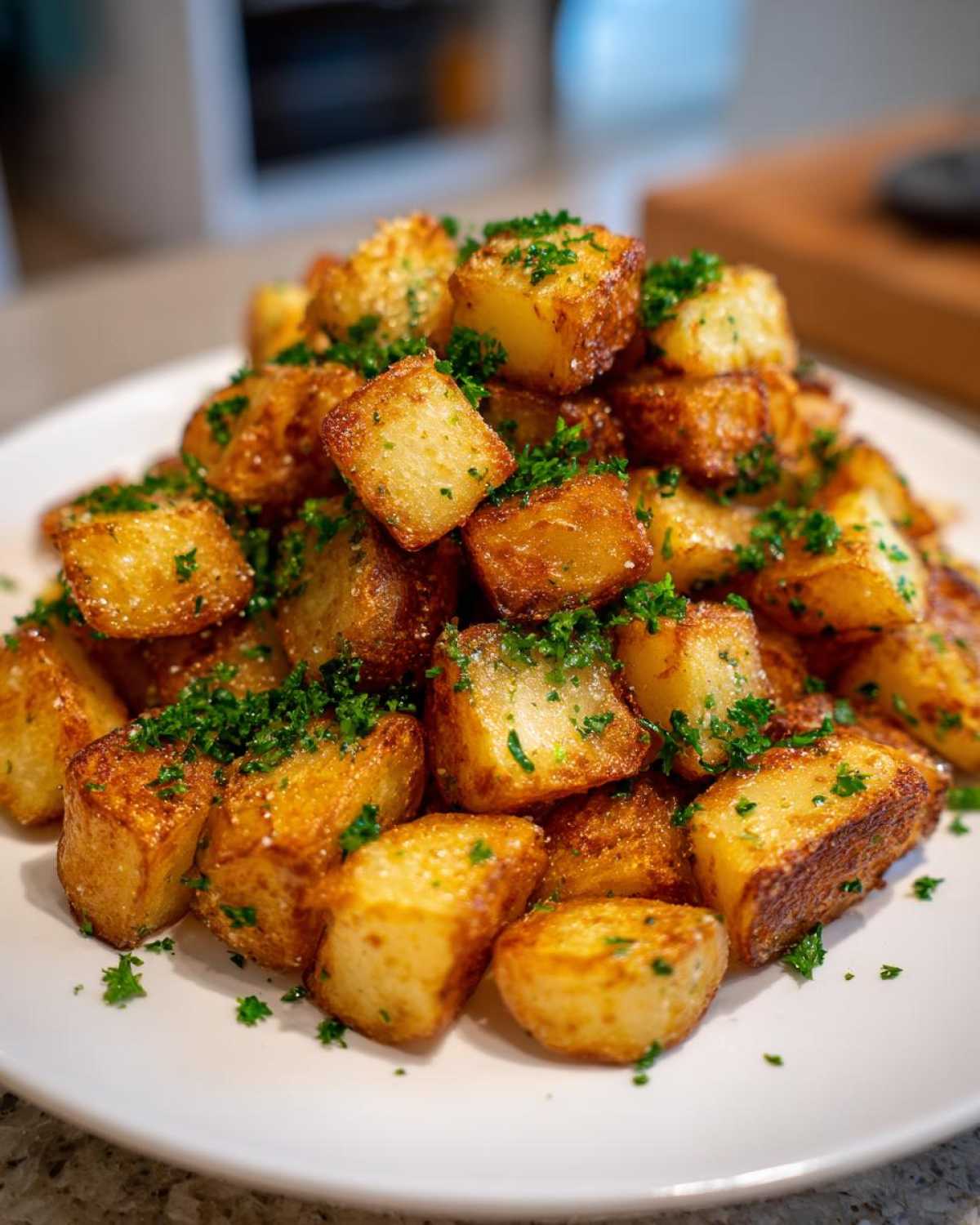 A mound of golden brown Air Fryer Crispy Garlic Parmesan Potato Cubes topped with fresh chopped parsley.