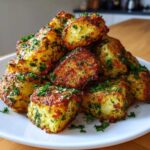 A close-up, appetizing pile of Air Fryer Crispy Garlic Parmesan Potato Cubes dusted with fresh parsley.
