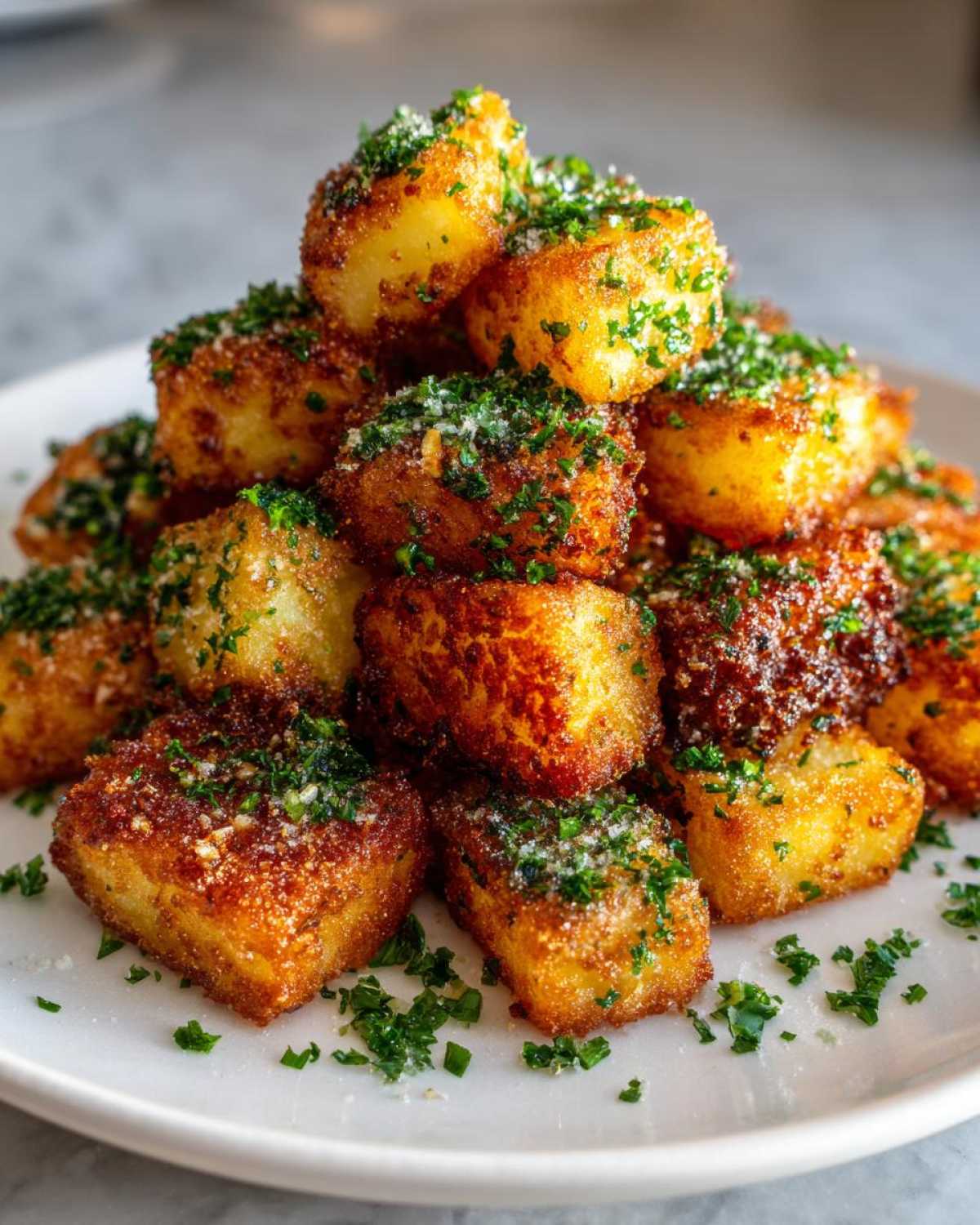 A mound of golden brown Air Fryer Crispy Garlic Parmesan Potato Cubes topped with grated cheese and fresh parsley.