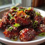 A close-up of Air Fryer Crispy Gochujang Brussels Sprouts, glossy with sauce and topped with sesame seeds and green onions.