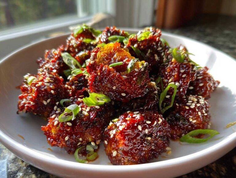A close-up of Air Fryer Crispy Gochujang Brussels Sprouts, glossy with sauce and topped with sesame seeds and green onions.