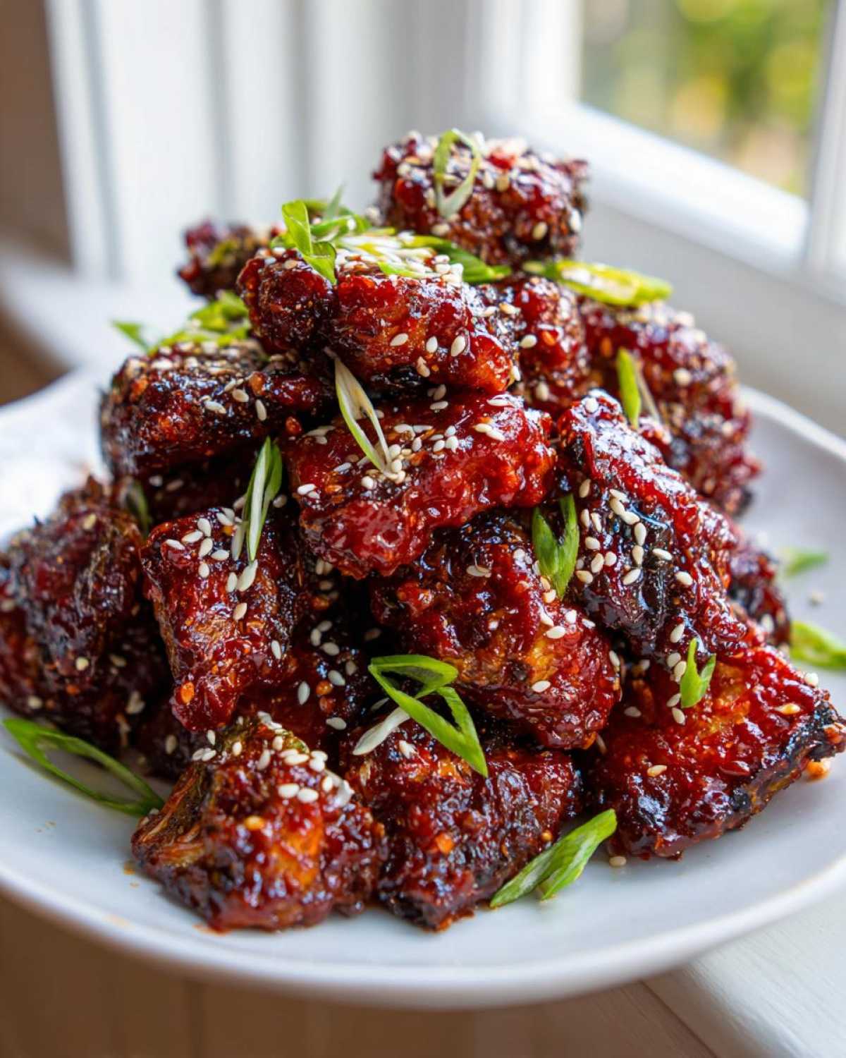 A mound of shiny, dark red Air Fryer Crispy Gochujang Brussels Sprouts garnished with sesame seeds and green onions.