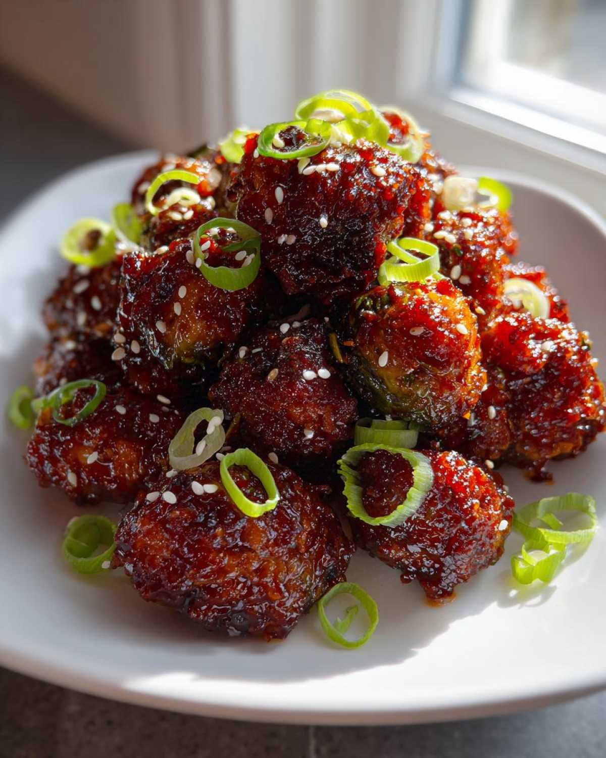 Close-up of Air Fryer Crispy Gochujang Brussels Sprouts piled on a white plate, coated in a dark glaze and topped with sesame seeds and green onions.