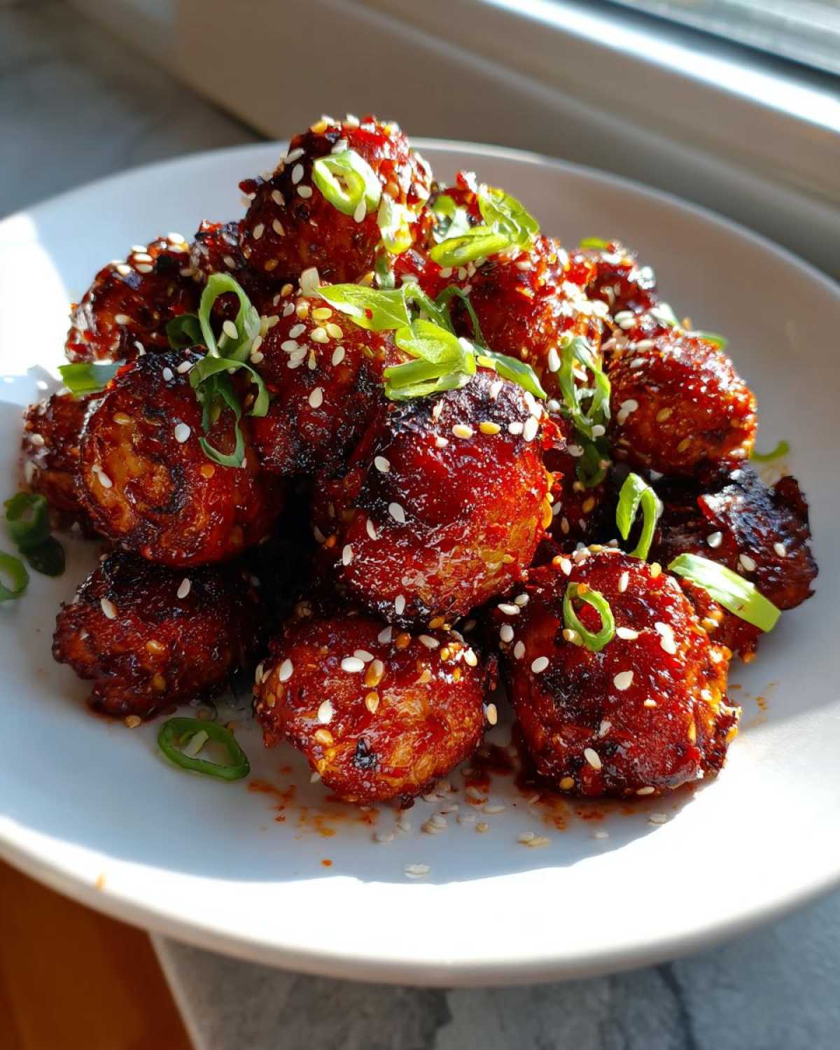 A pile of Air Fryer Crispy Gochujang Brussels Sprouts coated in a dark red glaze, topped with sesame seeds and sliced green onions.