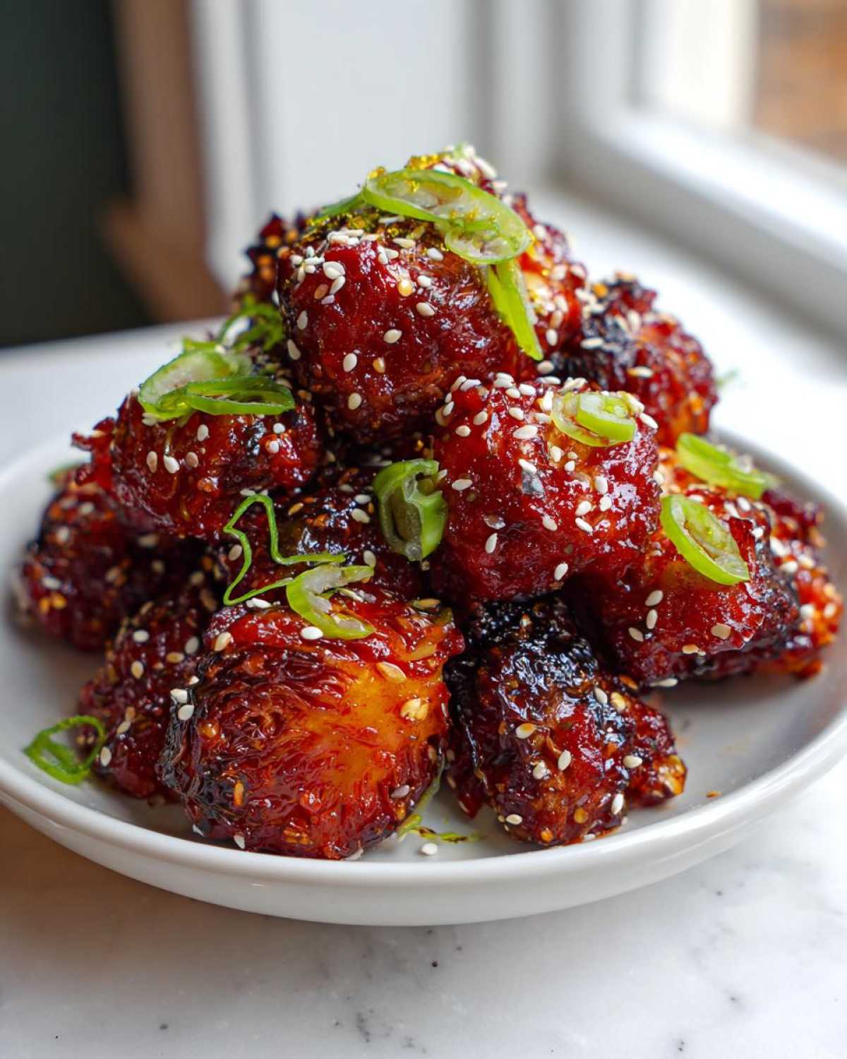 Close-up of Air Fryer Crispy Gochujang Brussels Sprouts coated in a glossy red sauce and topped with sesame seeds and green onions.