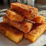 A stack of golden brown, seasoned Air Fryer Crispy Halloumi Fries served on a white rectangular plate.