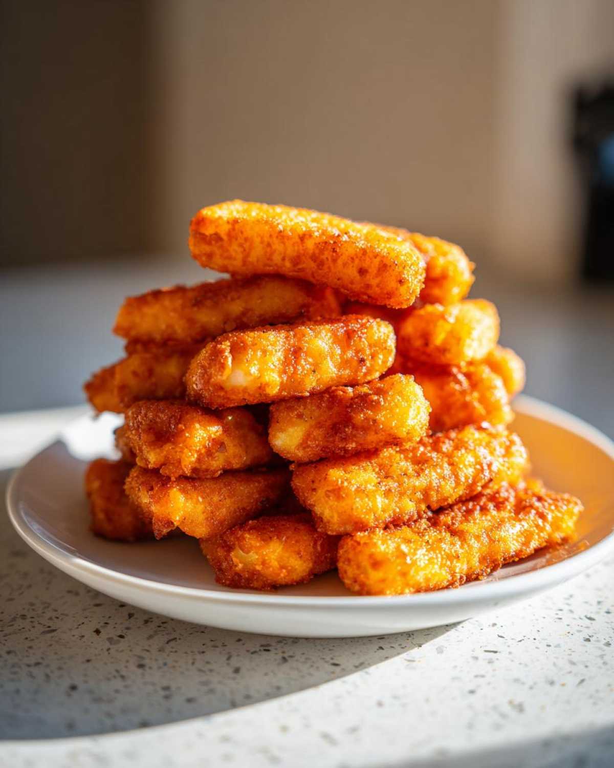 A tall stack of golden brown, crispy Air Fryer Crispy Halloumi Fries piled high on a white plate.