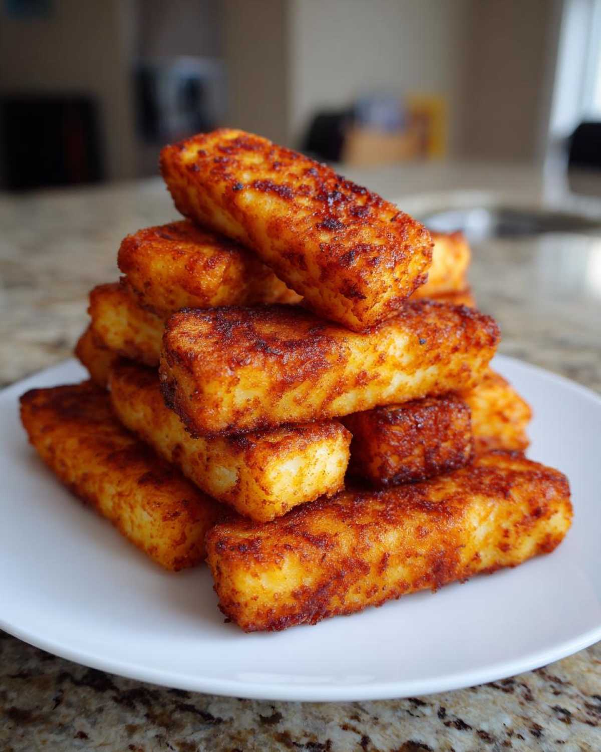 A stack of perfectly golden and crispy Air Fryer Crispy Halloumi Fries piled high on a white plate.