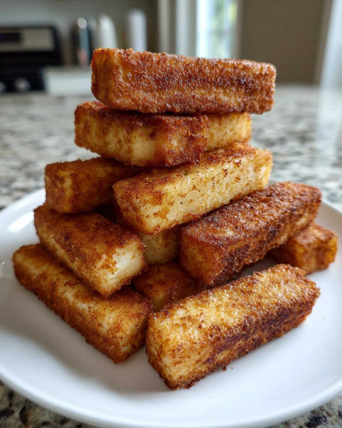 A tall stack of golden brown Air Fryer Crispy Halloumi Fries seasoned with spices on a white plate.