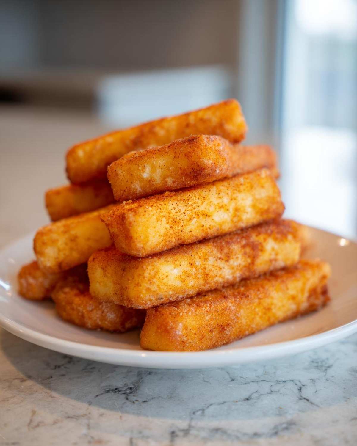 A close-up stack of golden-brown Air Fryer Crispy Halloumi Fries dusted with paprika seasoning on a white plate.