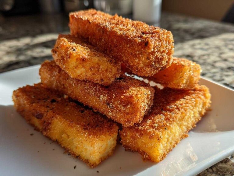 A stack of golden brown, seasoned Air Fryer Crispy Halloumi Fries served on a white rectangular plate.