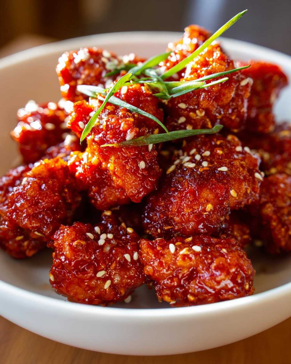 Close-up of glossy, red-glazed Air Fryer Crispy Korean Chicken Bites sprinkled with sesame seeds and topped with scallions.