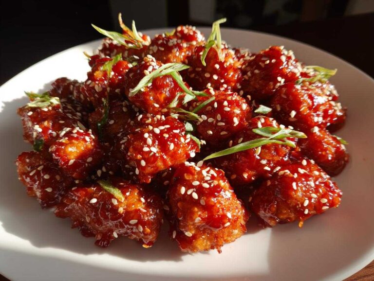 A plate of glossy, red-glazed Air Fryer Crispy Korean Chicken Bites sprinkled with sesame seeds and green onions.